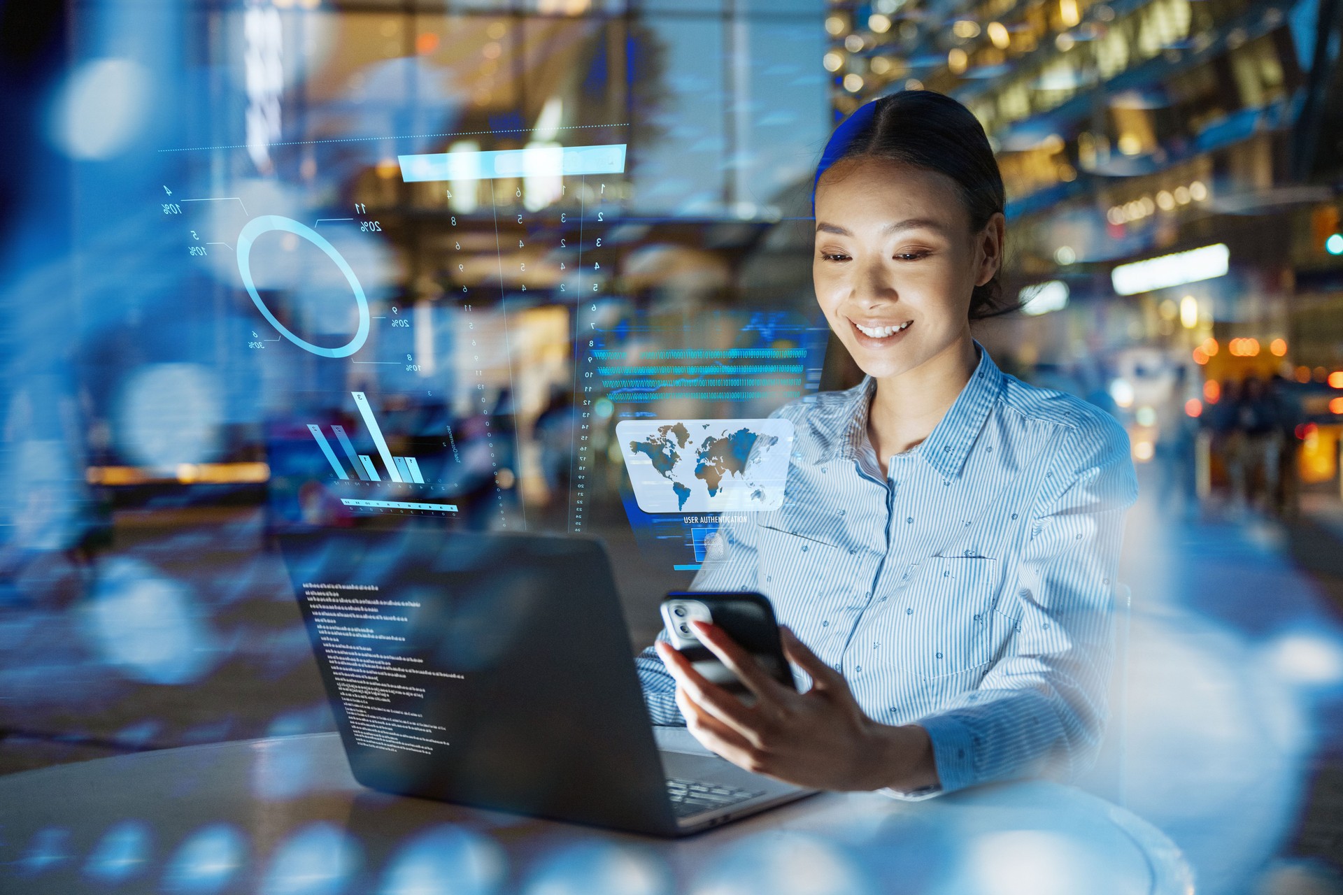 Beautiful millennial businesswoman using AI on smart phone and laptop for work.