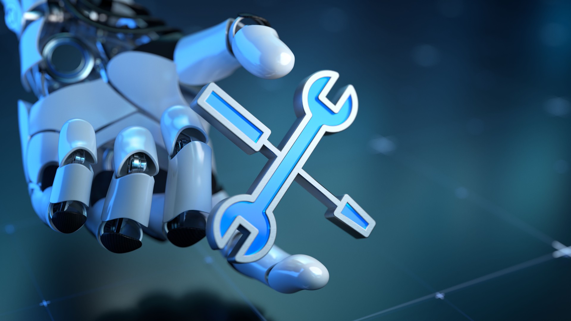 Robotic Hand Holding Wrench Symbol Representing AI and Maintenance Solutions